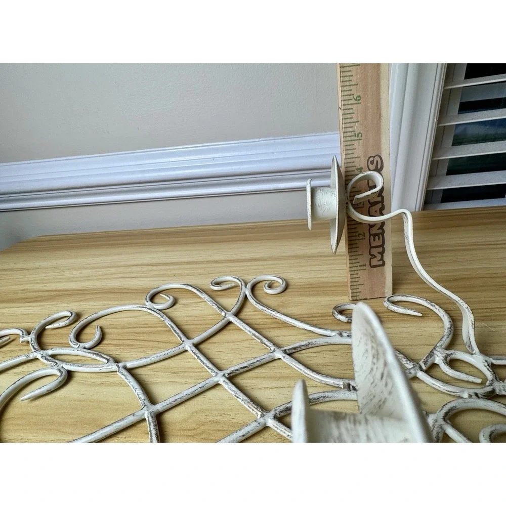 Vintage French Country Distressed Metal Wall Sconce Candle Holder Pair Cream 16
